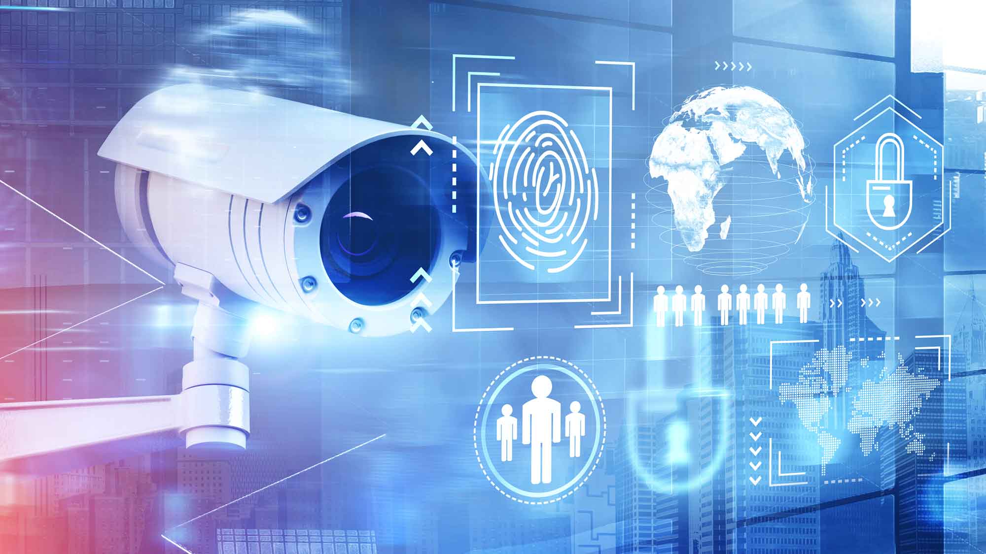 Modern CCTV camera over cityscape background with double exposure of cyber security interface.